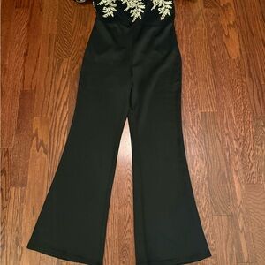 Chic Black Flare Jumpsuit with Gold Embroidery